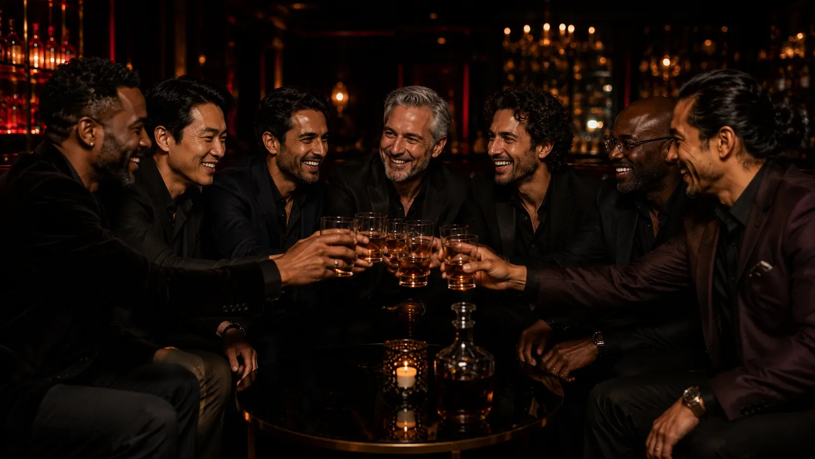 Grupo de amigos brindando em uma despedida de solteiro na MD Cult Club, Florianópolis