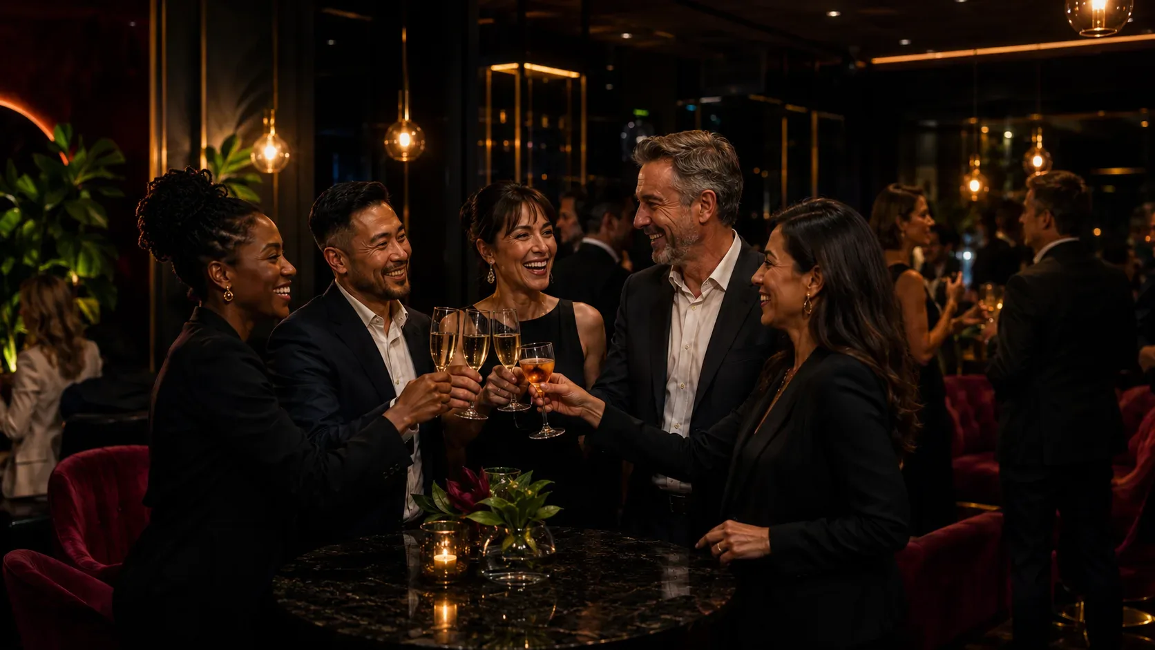 Equipe corporativa brindando em uma confraternização na MD Cult Club, Florianópolis
