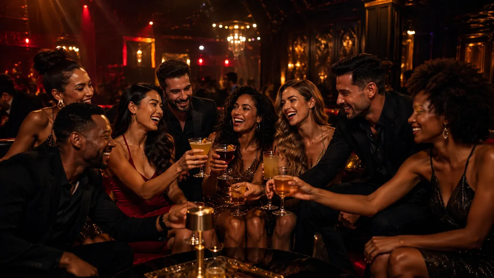 Grupo de amigos brindando juntos em uma festa privada na MD Cult Club, Florianópolis