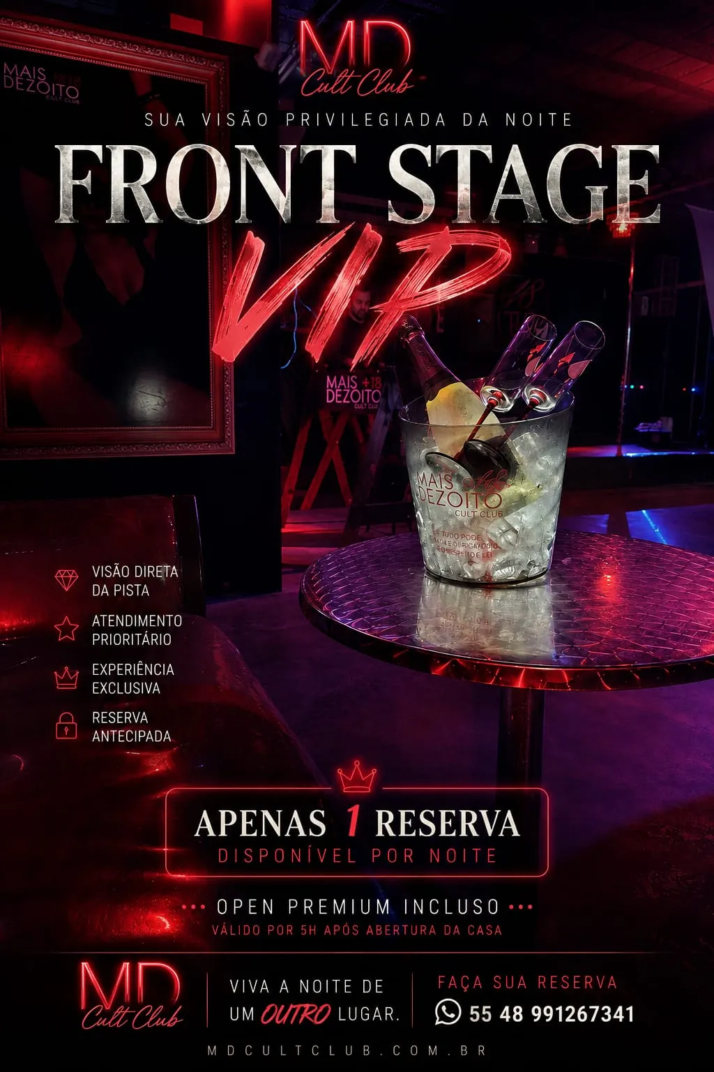 Front Stage VIP — sofá VIP com balde de espumante e vista privilegiada da pista da MD Cult Club
