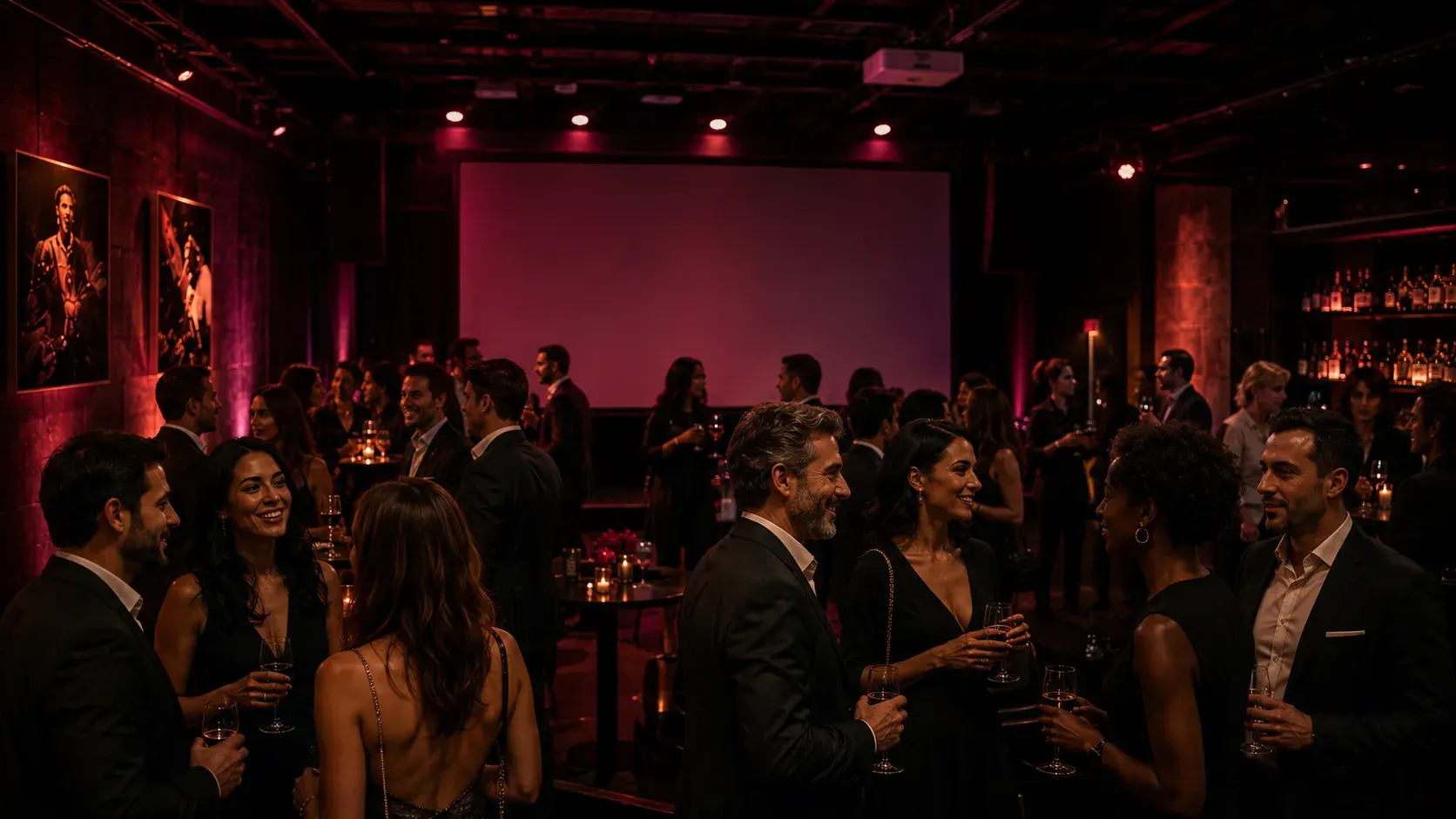 Evento de lançamento de marca na MD Cult Club, Florianópolis, com telão e convidados em networking