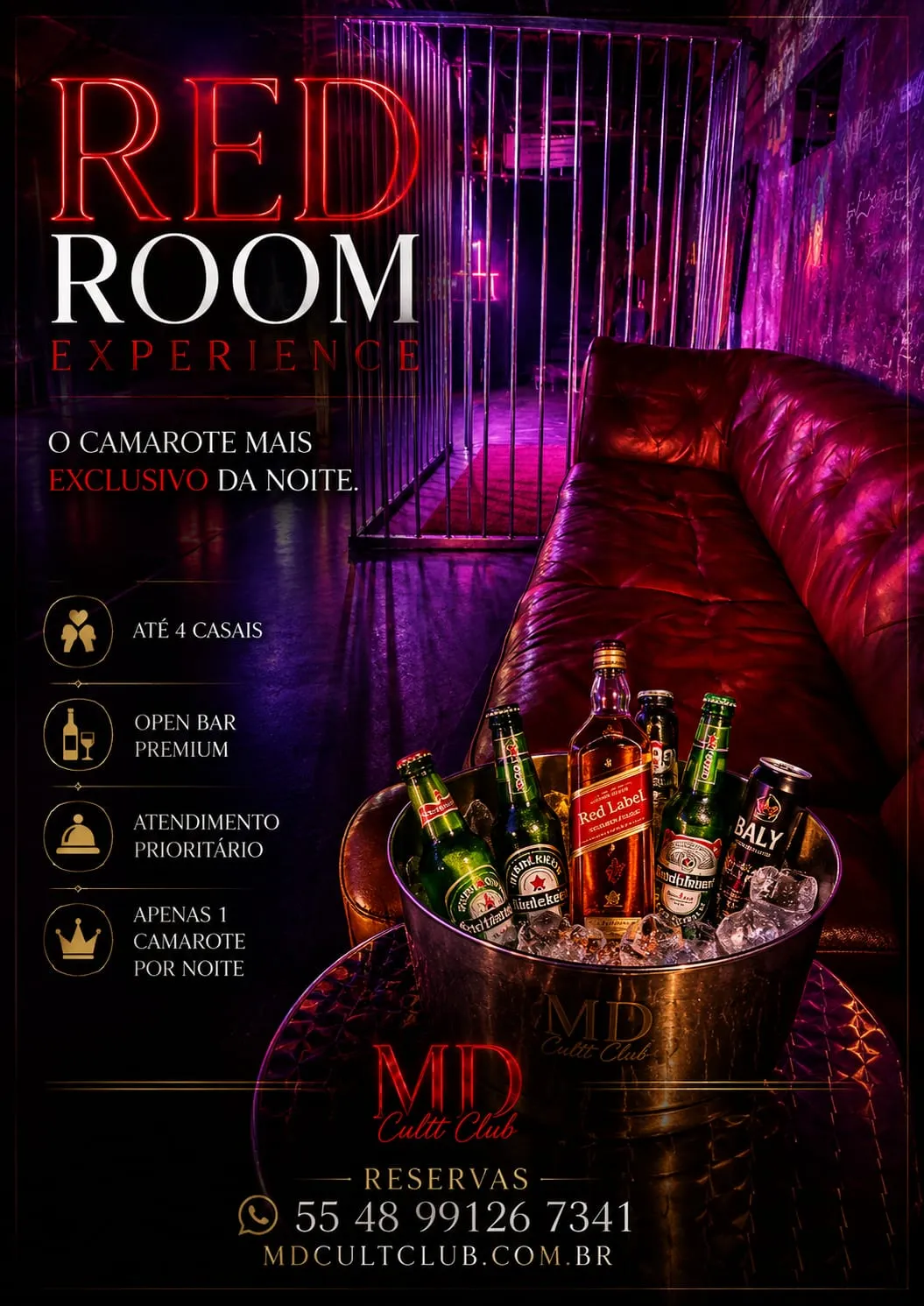 Red Lounge — camarote premium ao lado da estrutura de inox iluminada da MD Cult Club