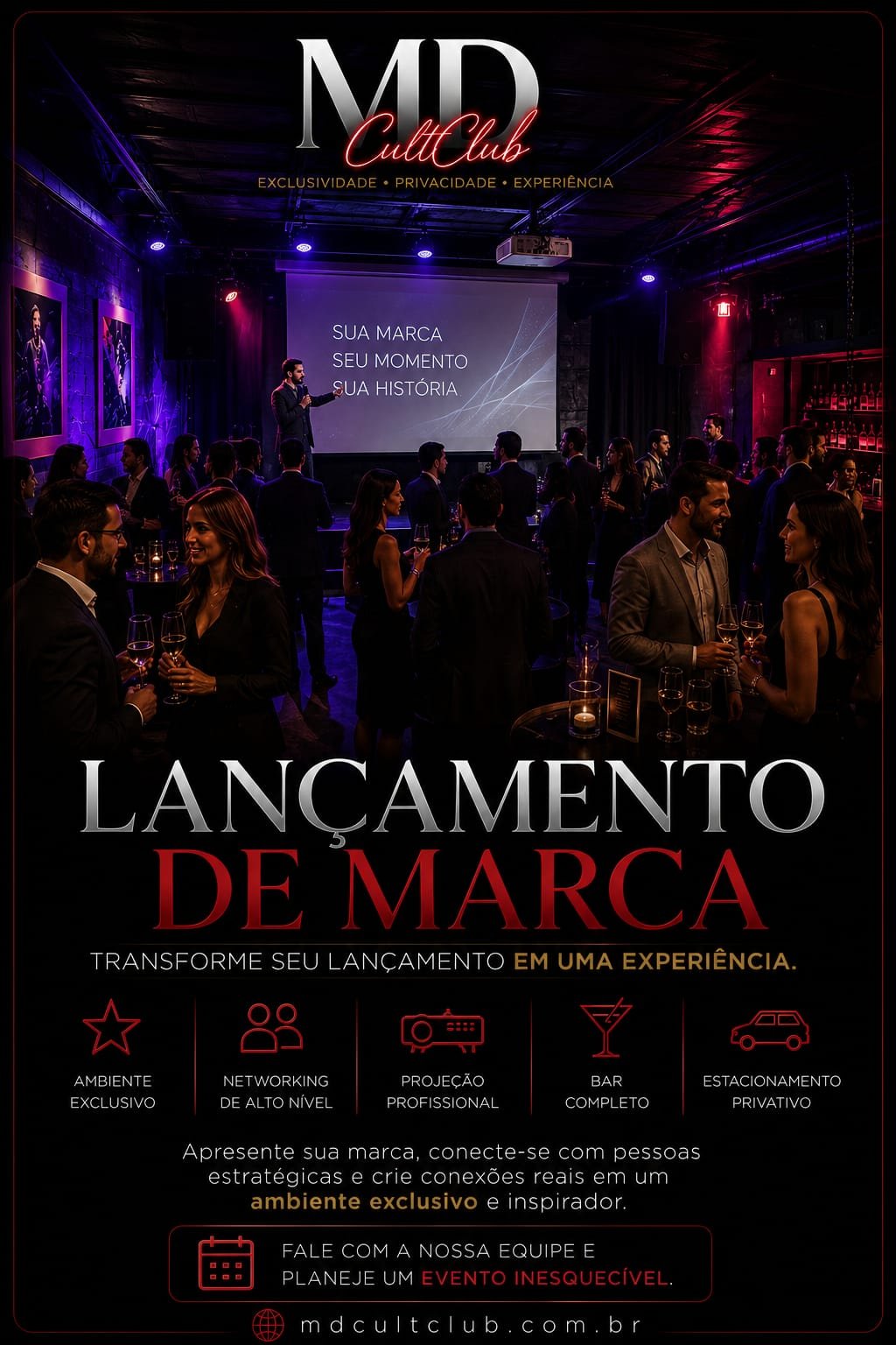 Flyer Lançamento de Marca e Produtos — MD Cult Club, Florianópolis